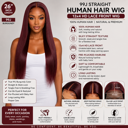 99J Straight Human Hair Wig with product details on a gray background