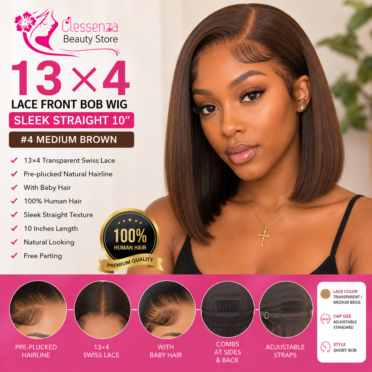 13×4 Lace Front Human Hair Bob Wig – Sleek Straight 10″ #4 Medium Brown Clessenza Beauty Store