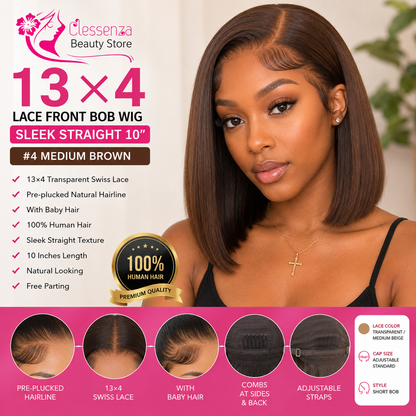 13×4 Lace Front Human Hair Bob Wig – Sleek Straight 10″ #4 Medium Brown Clessenza Beauty Store