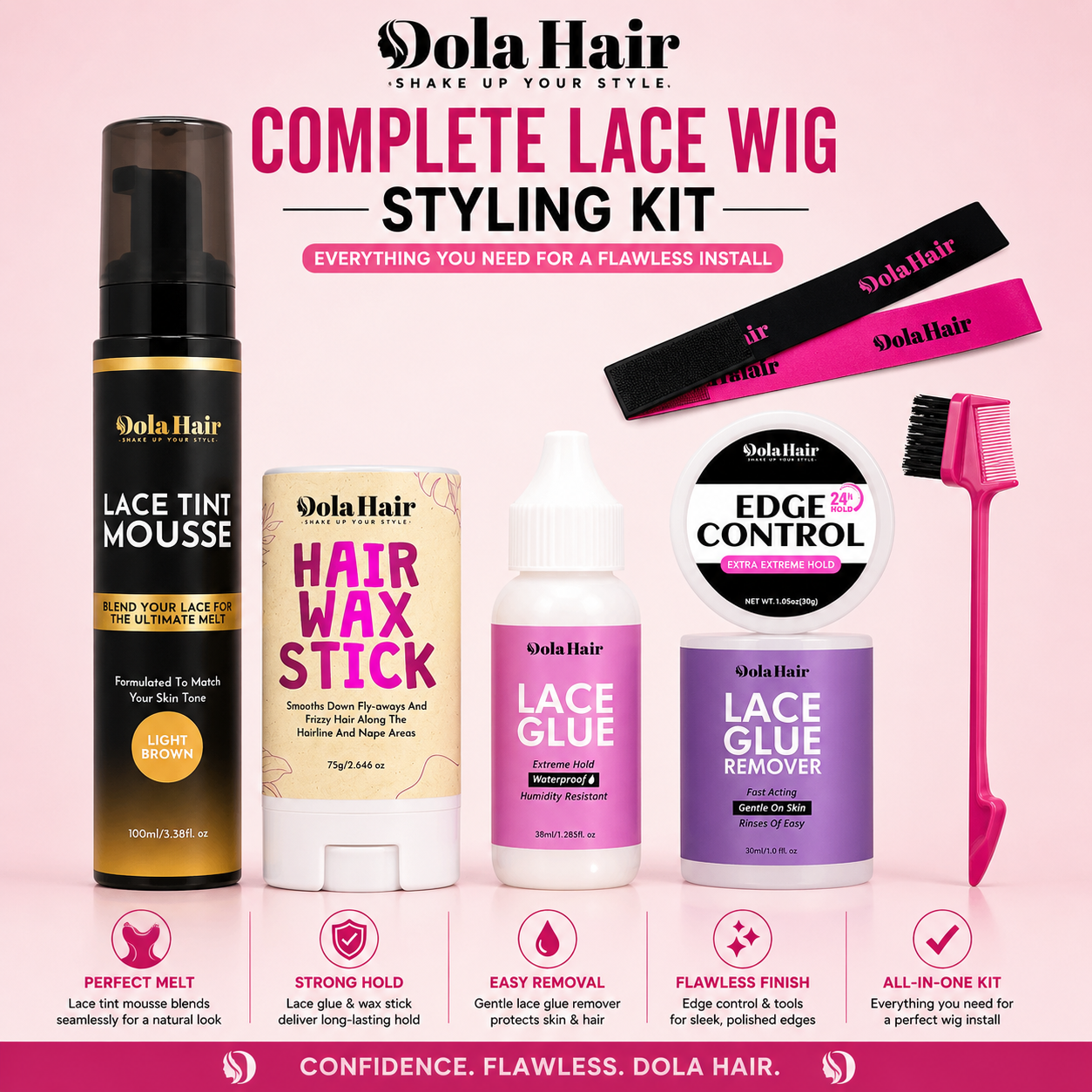 Dola Hair – Complete Lace Wig Styling Kit – Lace Tint Mousse, Glue, Remover, Wax Stick & Edge Control Set