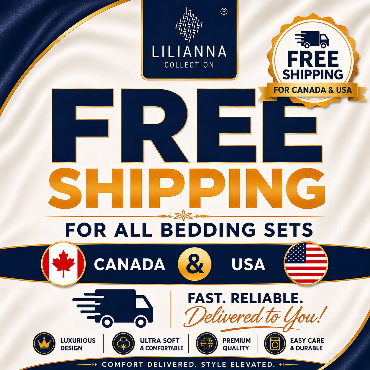 Advertisement for LILIANNA Collection bedding sets with free shipping for Canada and USA, featuring brand logo and promotional text.