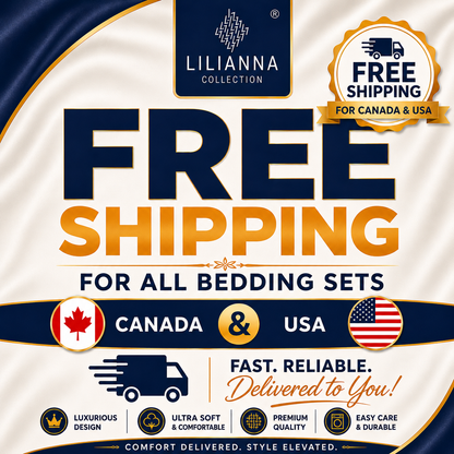 Advertisement for LILIANNA Collection bedding sets with free shipping for Canada and USA, featuring brand logo and promotional text.