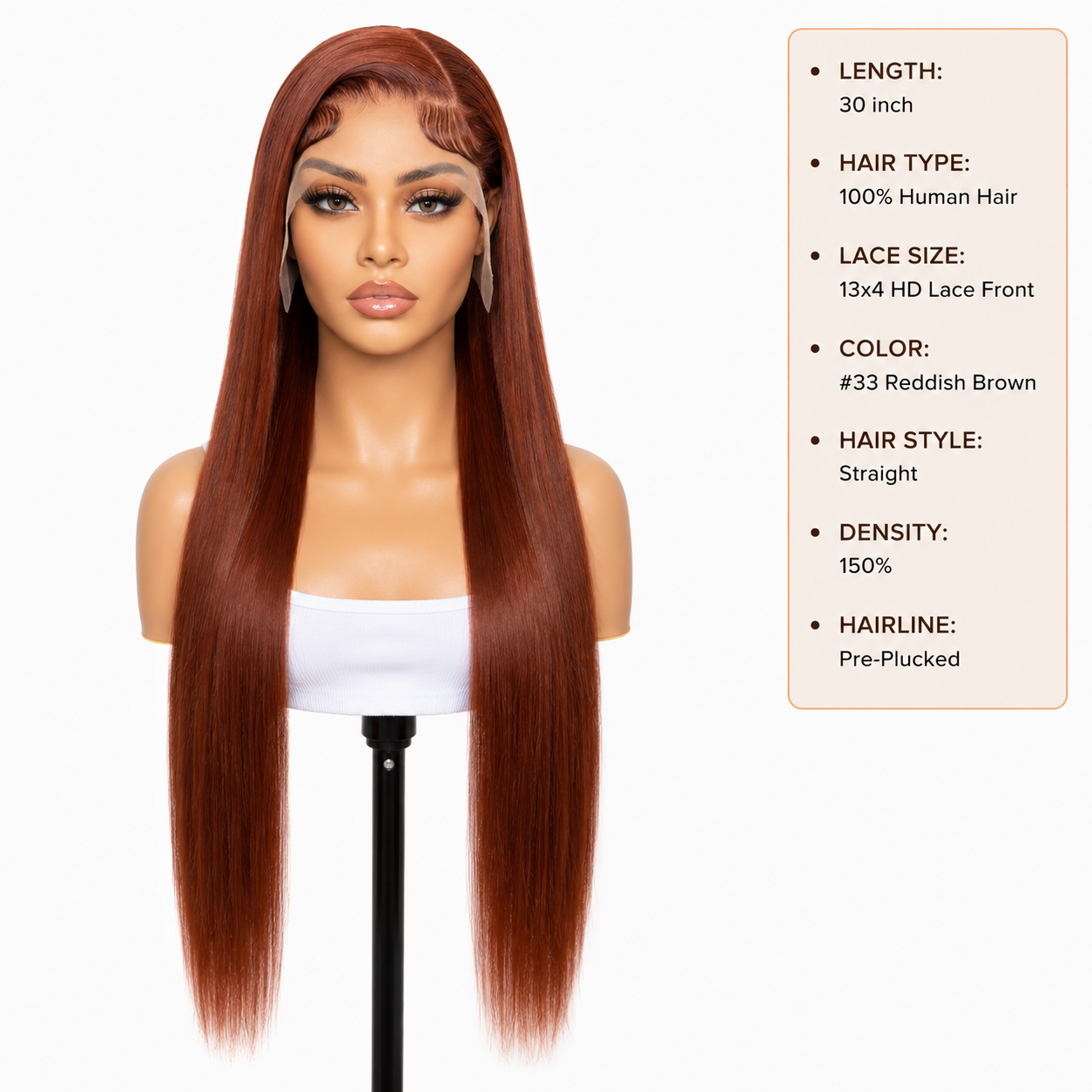 13x4 HD Lace Front Straight Wig 30" – #33 Reddish Brown Human Hair, 150% Density Clessenza Beauty Store