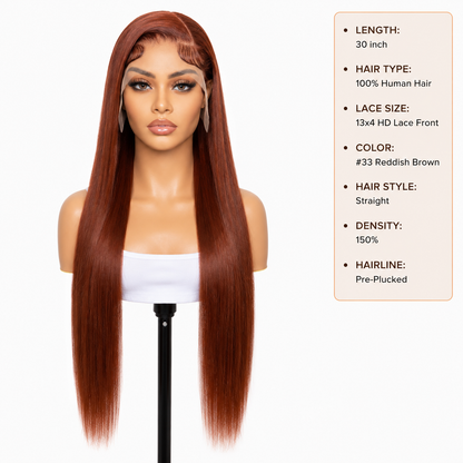 13x4 HD Lace Front Straight Wig 30" – #33 Reddish Brown Human Hair, 150% Density Clessenza Beauty Store