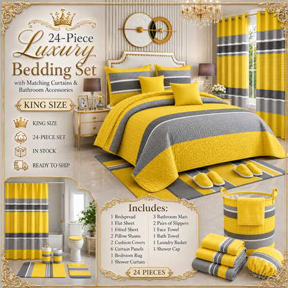 24-Piece Luxury King Size Bedding Set with Matching Curtains & Bathroom Accessories – Sunshine Yellow & Gray Modern Elegance Clessenza Beauty Store
