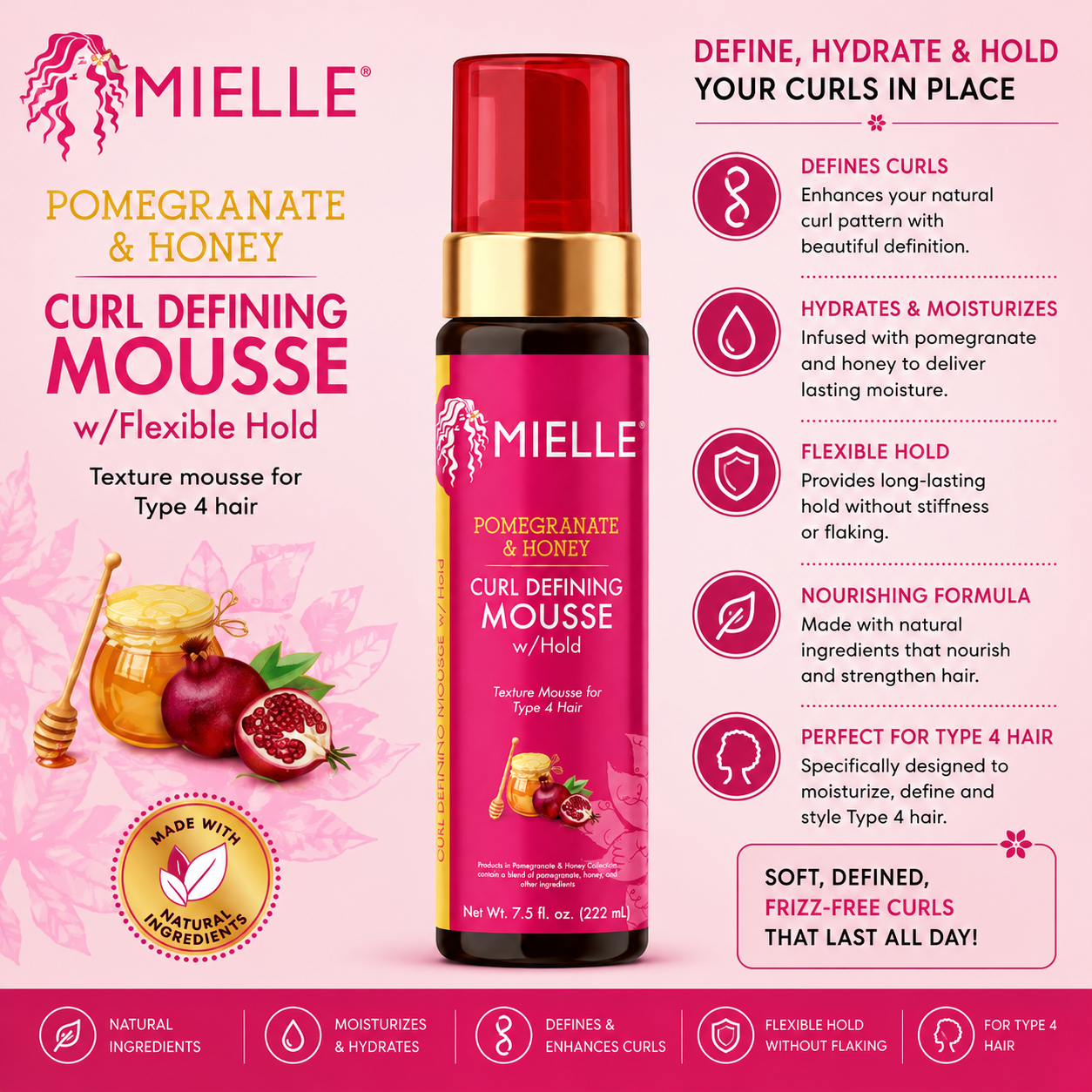 Mielle – Pomegranate & Honey Curl Defining Mousse with Flexible Hold, 7.5 fl oz Mielle Organics