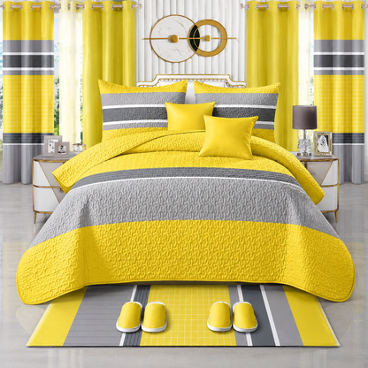 24-Piece King Size Yellow & Grey Luxury Bedding Set with Curtains & Bathroom Accessories