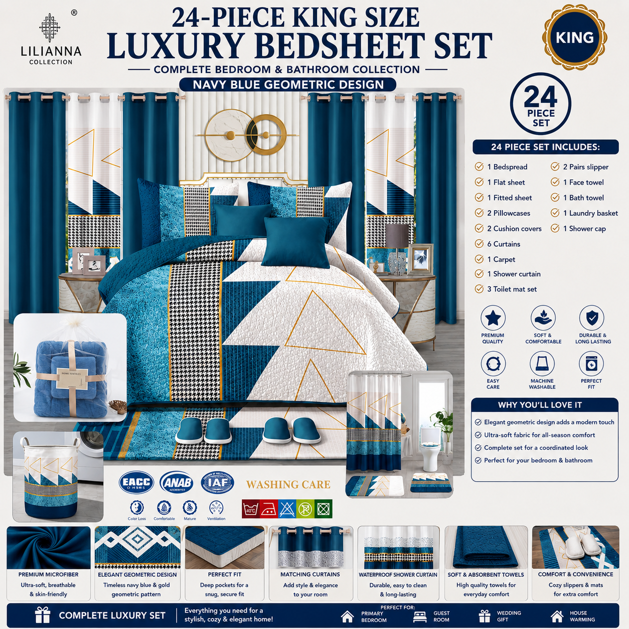 Ensemble de Literie de Luxe King 24 Pièces avec Rideaux et Accessoires de Salle de Bain – Motif Géométrique Bleu Marine