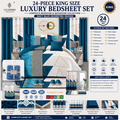 Ensemble de Literie de Luxe King 24 Pièces avec Rideaux et Accessoires de Salle de Bain – Motif Géométrique Bleu Marine