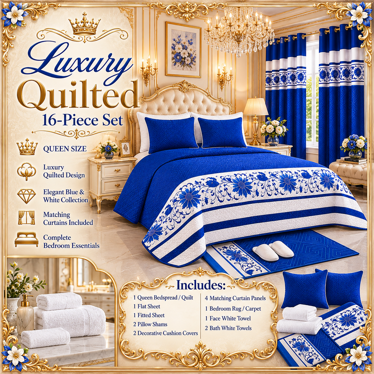 16-Piece Luxury Queen Size Bedding Set with Matching Curtains – Royal Blue & White Floral Elegance Clessenza Beauty Store
