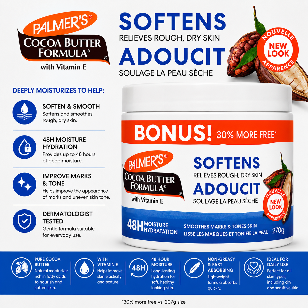Palmer's – Crème Corporelle au Beurre de Cacao et à la Vitamine E, Format Boni 270 g (30 % Gratuit)