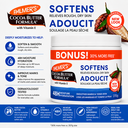Palmer's – Crème Corporelle au Beurre de Cacao et à la Vitamine E, Format Boni 270 g (30 % Gratuit)