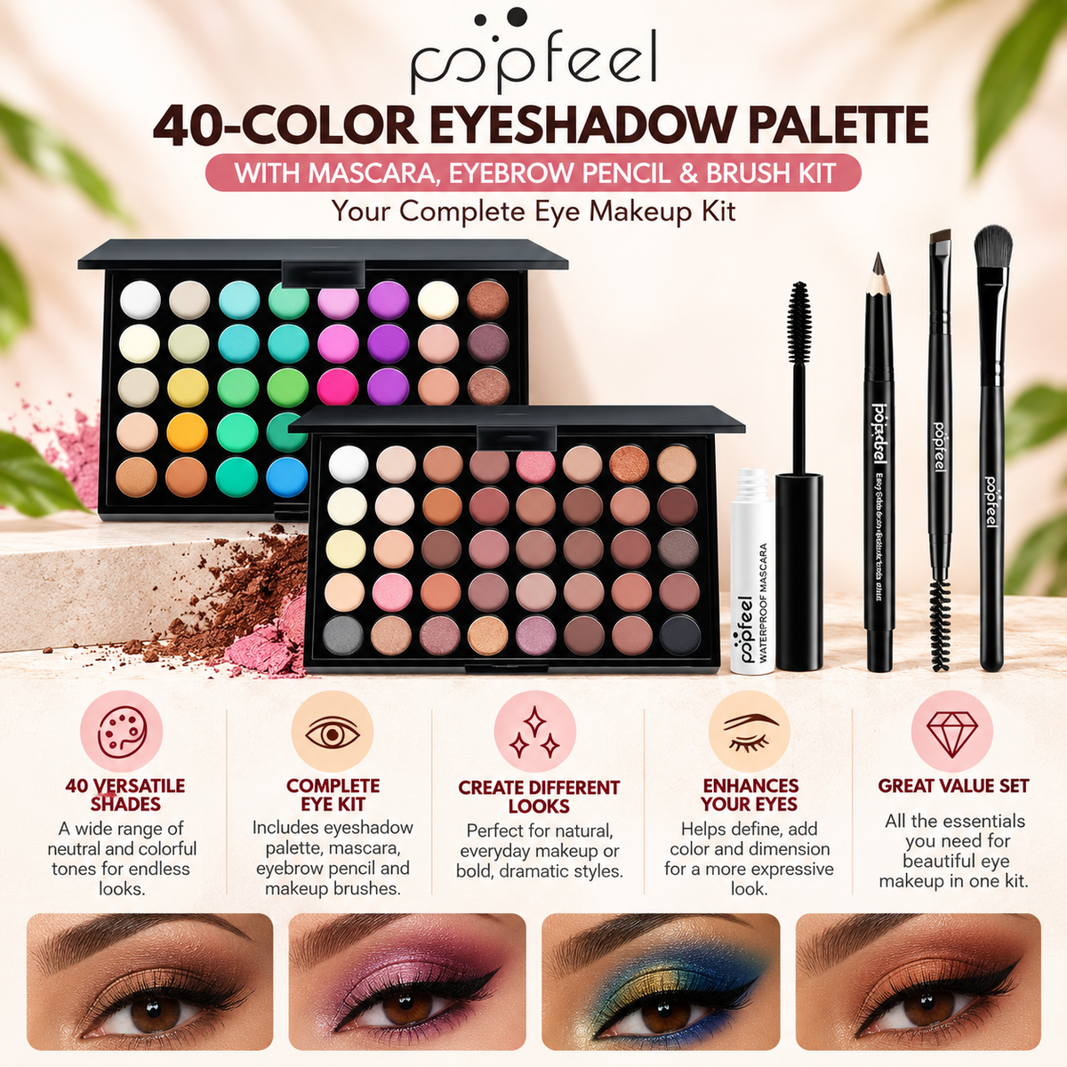 POPFEEL – 40-Color Eyeshadow Palette with Mascara, Eyebrow Pencil & Brush Kit Popfeel