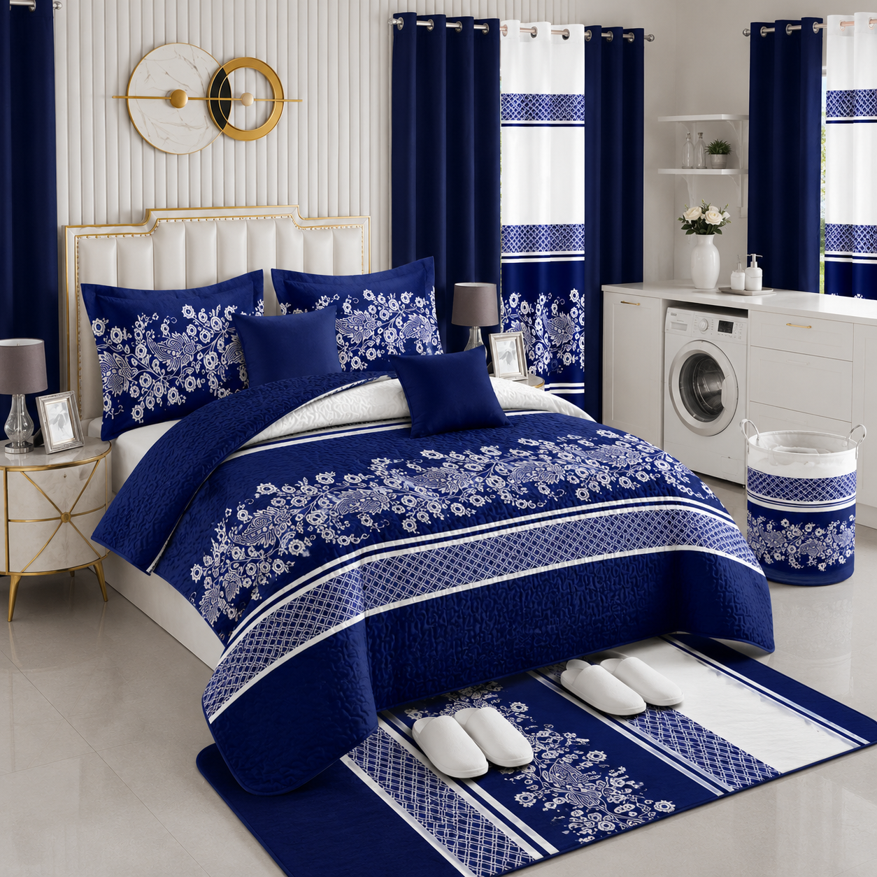 Ensemble de Literie Luxe Bleu Marine 24 Pièces King avec Rideaux et Accessoires de Salle de Bain