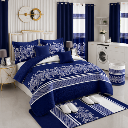 Ensemble de Literie Luxe Bleu Marine 24 Pièces King avec Rideaux et Accessoires de Salle de Bain