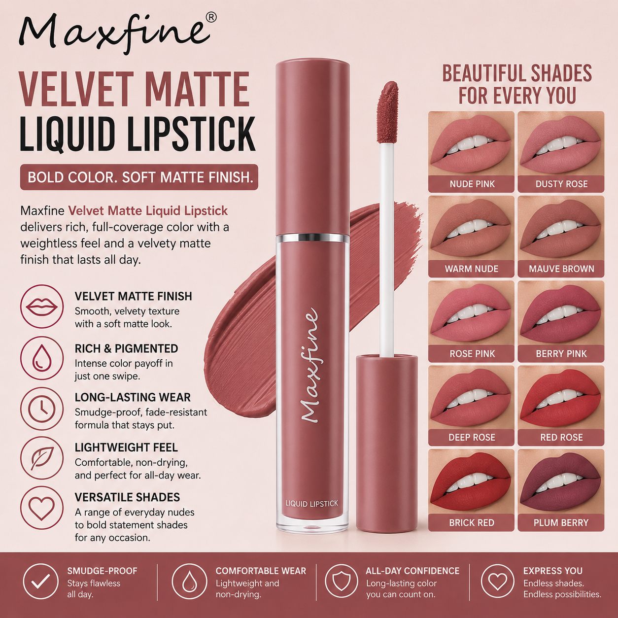 Maxfine Velvet Matte Liquid Lipstick with product and color swatch display on a pink background