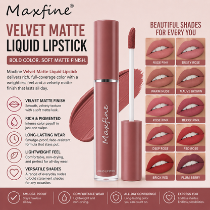 Maxfine Velvet Matte Liquid Lipstick with product and color swatch display on a pink background