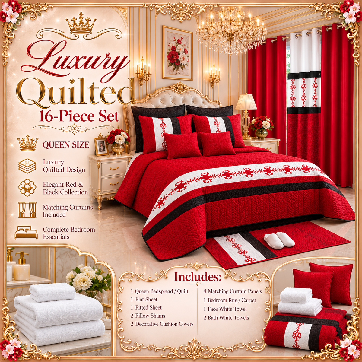 16-Piece Luxury Red & Black Bedding Set with Matching Curtains – Elegant Floral Design Clessenza Beauty Store
