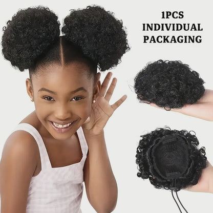 4 inch Afro Puff Drawstring Synthetic Hair Bun Curly Ponytail Extension (Black)