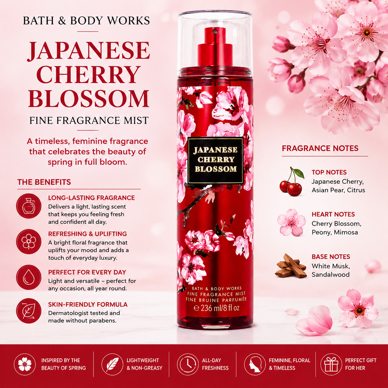 Bath & Body Works – Japanese Cherry Blossom Fine Fragrance Mist, 236 mL Bath & Body Works