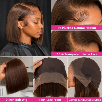 13×4 Lace Front Human Hair Bob Wig – Sleek Straight 10″ #4 Medium Brown Clessenza Beauty Store