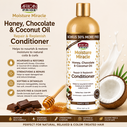 African Pride – Moisture Miracle Honey, Chocolate & Coconut Oil Repair & Replenish Conditioner, 16 fl oz