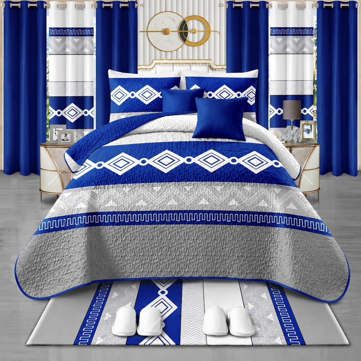 24-Piece King Size Blue & White Geometric Luxury Bedding Set with Curtains & Bathroom Accessories