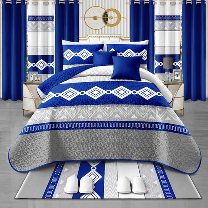 24-Piece King Size Blue & White Geometric Luxury Bedding Set with Curtains & Bathroom Accessories