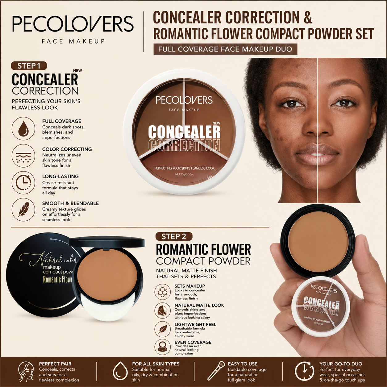 Pecolovers Concealer Correction & Romantic Flower Compact Powder Set – Full Coverage Face Makeup Duo