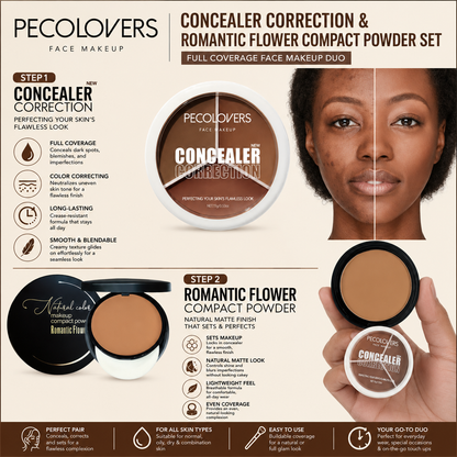 Pecolovers Concealer Correction & Romantic Flower Compact Powder Set – Full Coverage Face Makeup Duo