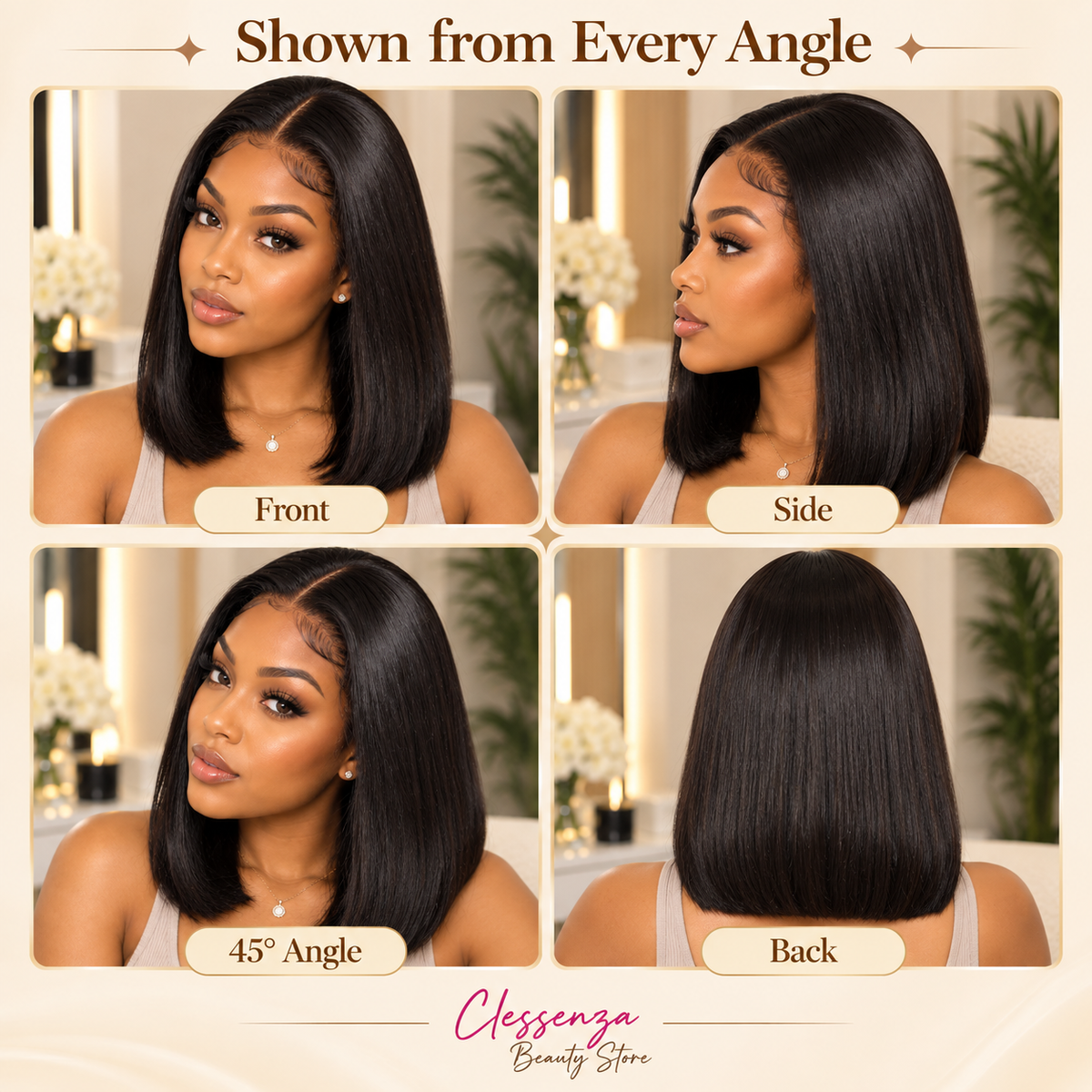 13×4 Lace Front Human Hair Bob Wig – 12″ Straight – Natural Black – 150% Density Clessenza Beauty Store