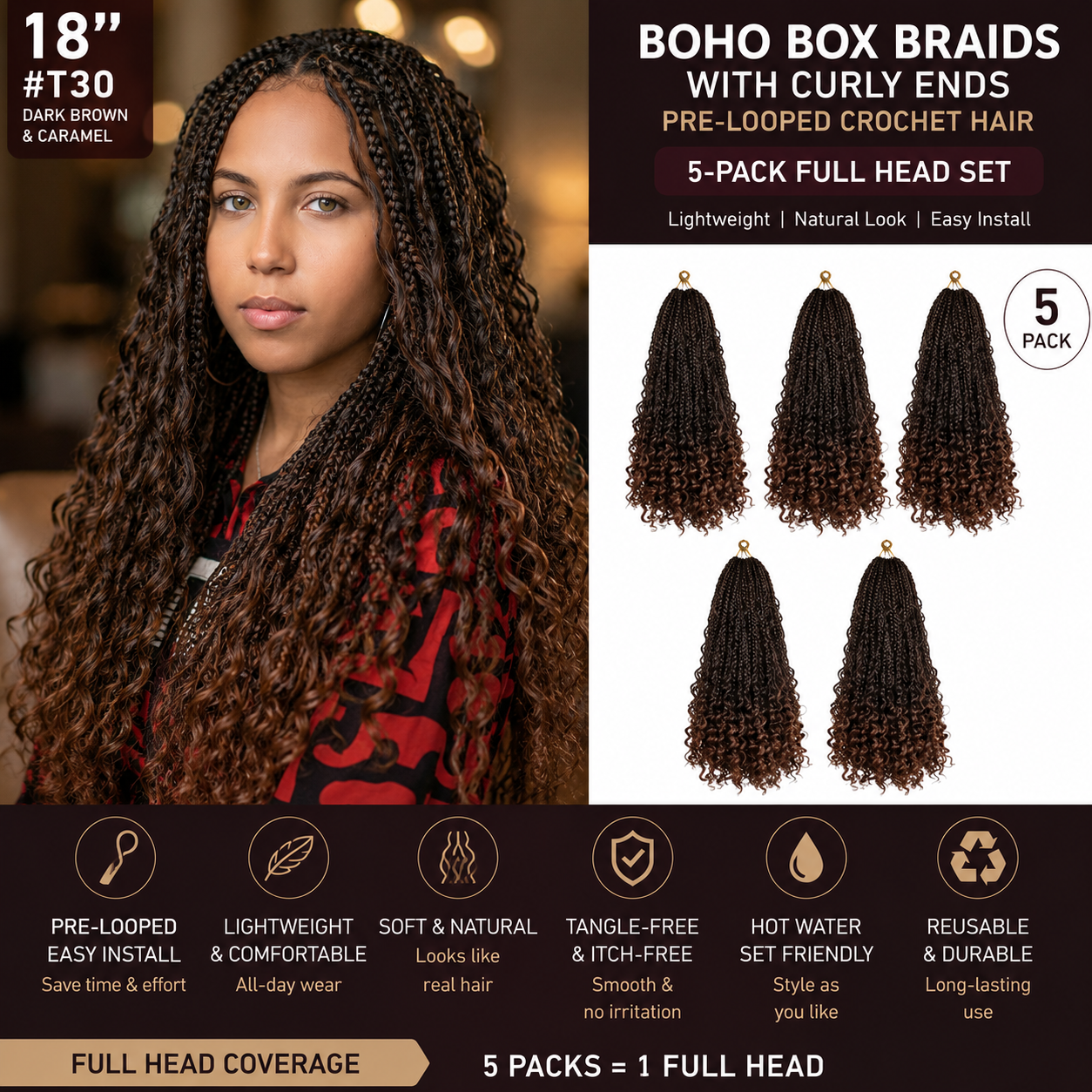 Longues tresses bohèmes avec boucles lâches – Cheveux au crochet pré-bouclés de 18 pouces, lot de 5 paquets #T30