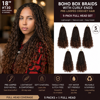 Longues tresses bohèmes avec boucles lâches – Cheveux au crochet pré-bouclés de 18 pouces, lot de 5 paquets #T30