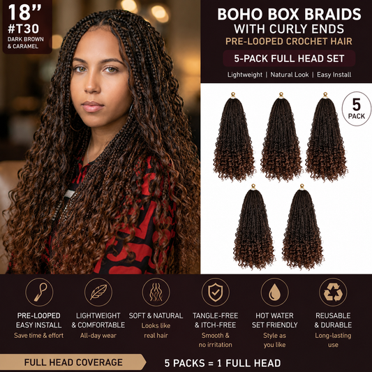 Longues tresses bohèmes avec boucles lâches – Cheveux au crochet pré-bouclés de 18 pouces, lot de 5 paquets #T30