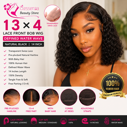 13×4 Lace Front Human Hair Bob Wig – Defined Water Wave 14″ – Natural Black Clessenza Beauty Store