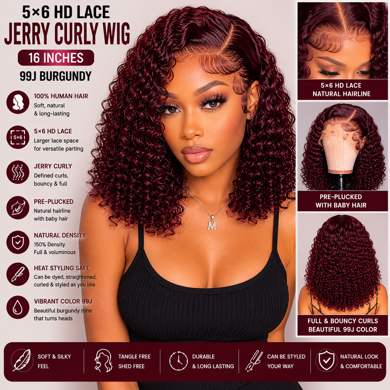 5×6 Jerry Curly Human Hair Wig 16” – 99J Burgundy HD Lace Wig
