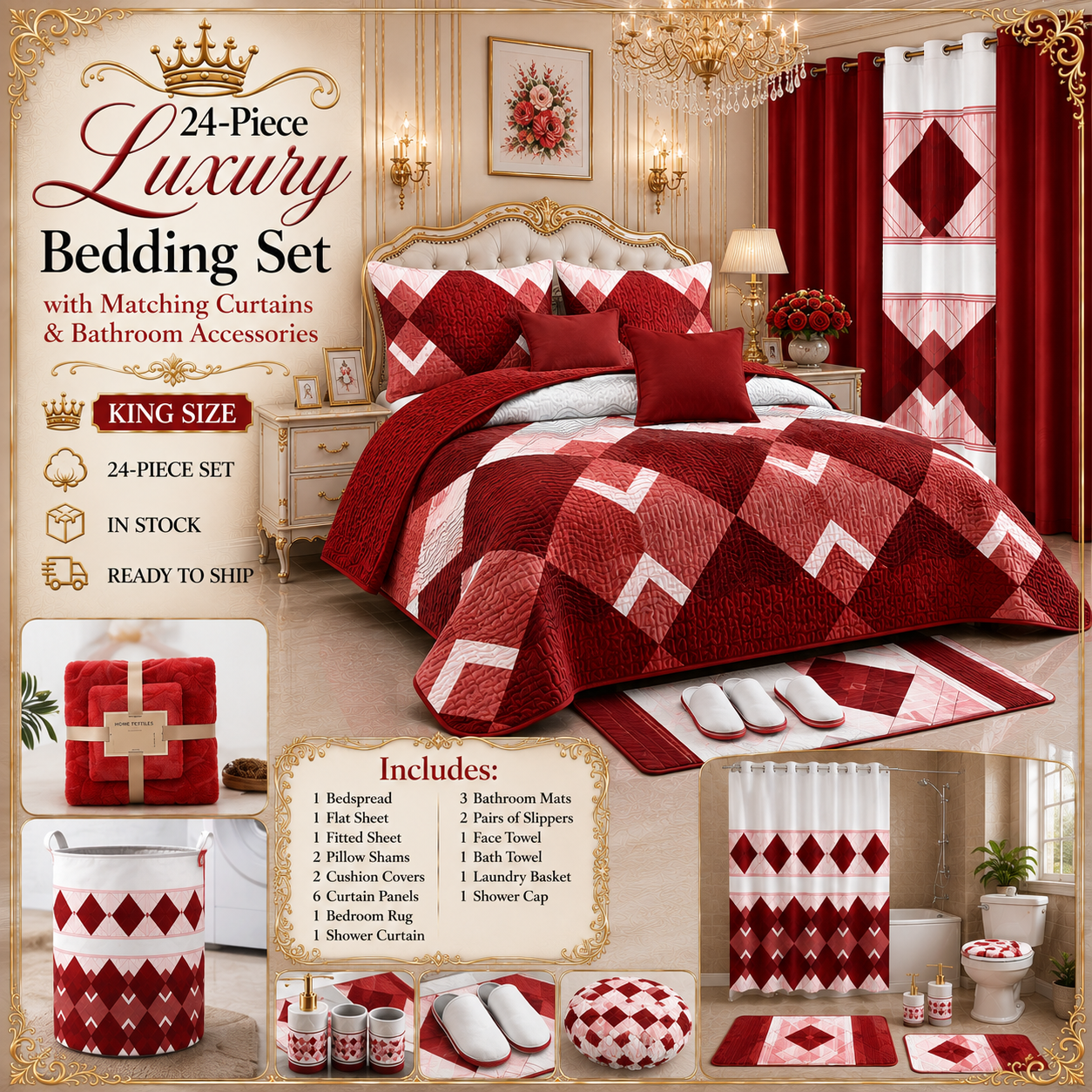 24-Piece Luxury Bedding Set with Matching Curtains & Bathroom Accessories – Red Geometric Elegance Clessenza Beauty Store