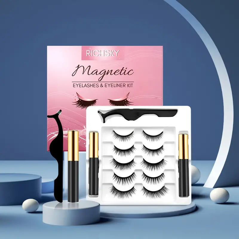 Premium Magnetic Eyelash Kit – 5 Pairs Reusable Wispy Lashes with Magnetic Eyeliner & Applicator Rich Sky