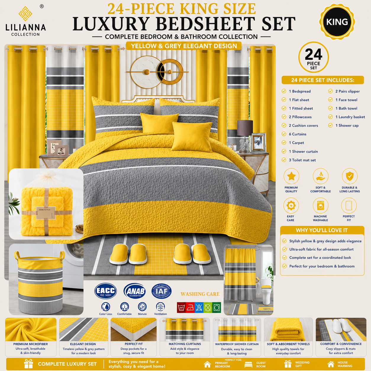 24-Piece King Size Yellow & Grey Luxury Bedding Set with Curtains & Bathroom Accessories