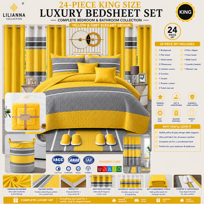 24-Piece King Size Yellow & Grey Luxury Bedding Set with Curtains & Bathroom Accessories