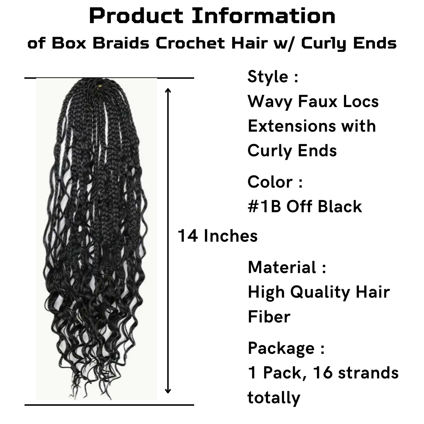 14 inches Box Braids Synthetic Crochet Hair w/ Curly Ends, 1B#